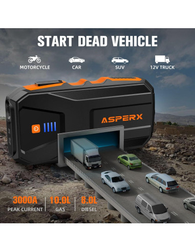 Arrancador de Batería ASPERX 3000A Portátil 12V con LED