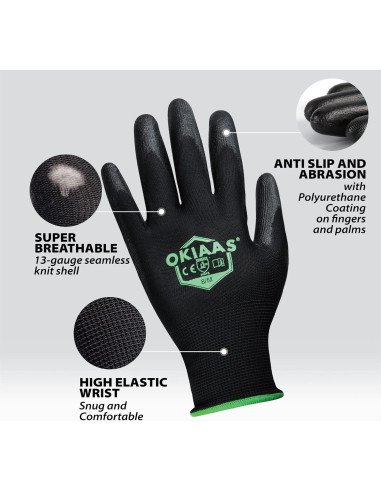 Guantes de Trabajo OKIAAS Ultra Delgados 12 Pares Negro XL