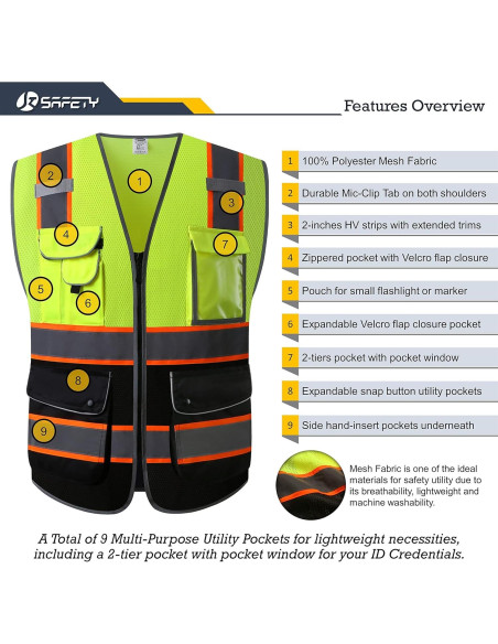 Chaleco de Seguridad JKSafety XL Alta Visibilidad 9 Bolsillos