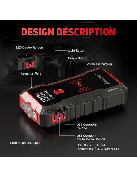 Arrancador de batería Macson M161A-016 3000A 12V 16000mAh