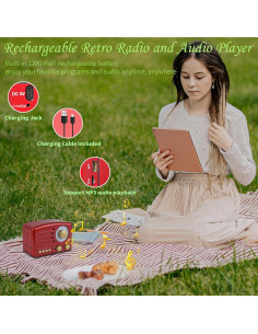 Radio Retro Portátil WENPZERAY AM FM SW Bluetooth Rojo 2