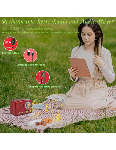 Radio Retro Portátil WENPZERAY AM FM SW Bluetooth Rojo