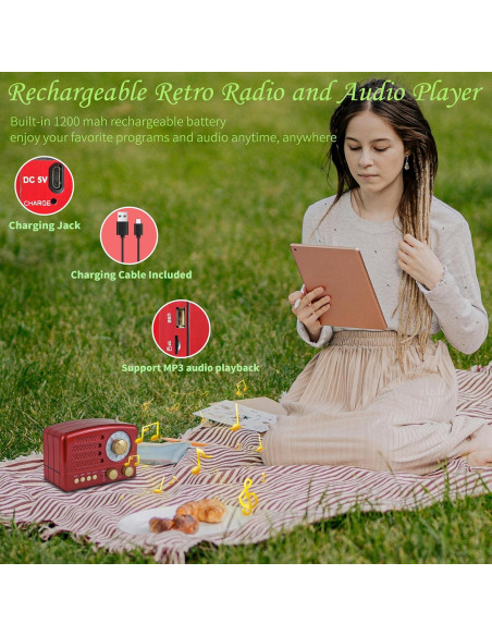 Radio Retro Portátil WENPZERAY AM FM SW Bluetooth Rojo