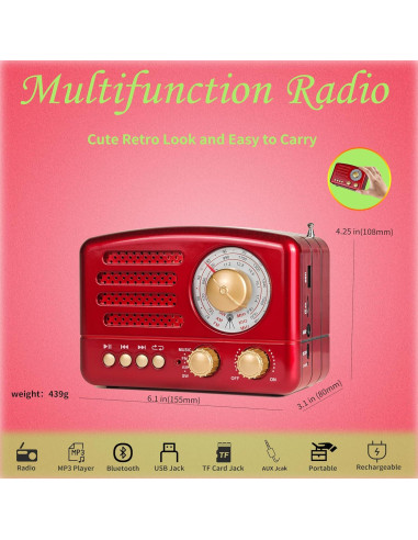 Radio Retro Portátil WENPZERAY AM FM SW Bluetooth Rojo