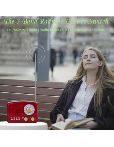 Radio Retro Portátil WENPZERAY AM FM SW Bluetooth Rojo