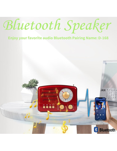 Radio Retro Portátil WENPZERAY AM FM SW Bluetooth Rojo