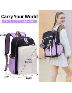 Mochila Escolar FENGDONG Negra y Púrpura 30L para Niñas 2