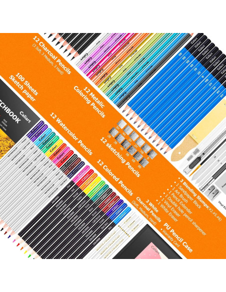 Caliart Kit de Dibujo 176 Piezas con Cuaderno 100 Hojas