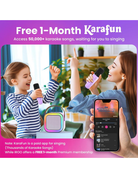 Karaoke Mini IROO para Niños 2 Micrófonos Bluetooth Púrpura