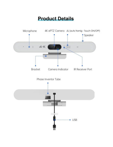 Webcam 4K PolaTab C4KHD con Micrófono y Altavoz Hi-Fi