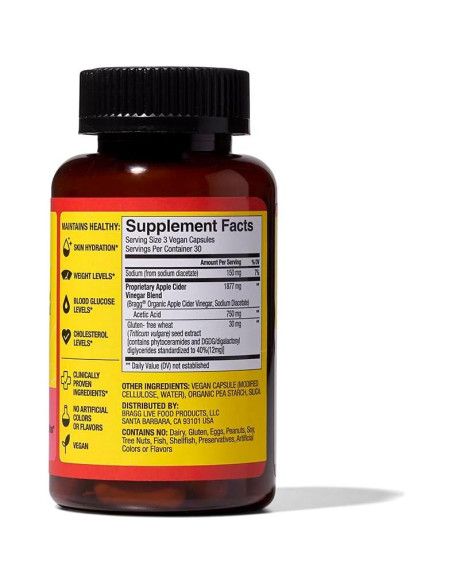 Cápsulas de Vinagre de Sidra de Manzana Bragg - 90 Unidades - Hidratación y Piel Saludable