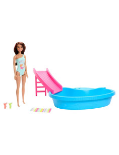 Muñeca Barbie Set Piscina Verde Agua con Tobogán y Accesorios