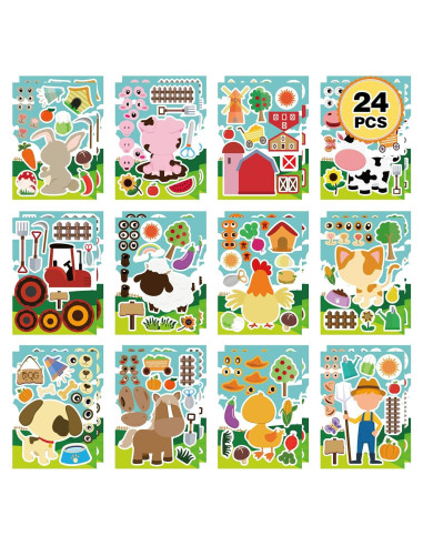 24 Hojas de Pegatinas de Animales de Granja DUJAA