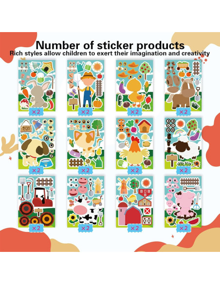 24 Hojas de Pegatinas de Animales de Granja DUJAA