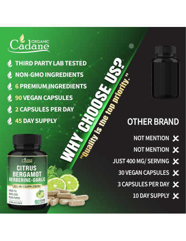 Suplemento de Bergamota Cítrica Orgánica Cadane 90 Cápsulas