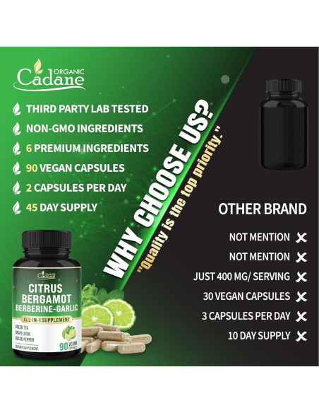Suplemento de Bergamota Cítrica Orgánica Cadane 90 Cápsulas