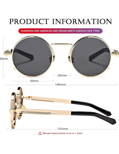 Gafas de sol redondas AIEYEZO steampunk marco metálico UV