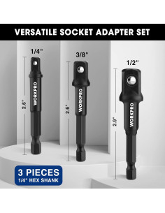 WORKPRO Juego de Adaptadores de Enchufe 3 Piezas 1/4 3/8 1/2 Pulgada 2