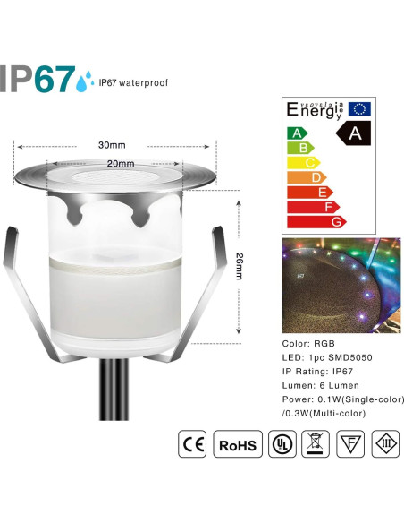 Kits de luces LED empotradas YZGWZLD 10 paquetes IP67 RGB 3.0 cm