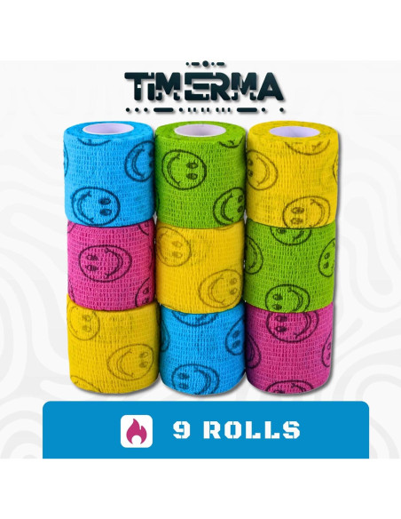 9 Rollos de Venda Adhesiva Elástica Smiley 5 cm x 4,57 m