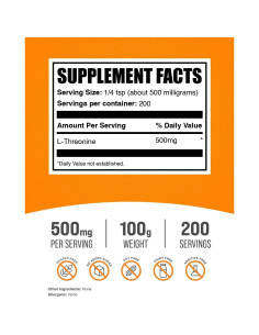 Polvo de L-Treonina BulkSupplements 500mg 100g Suplemento 2