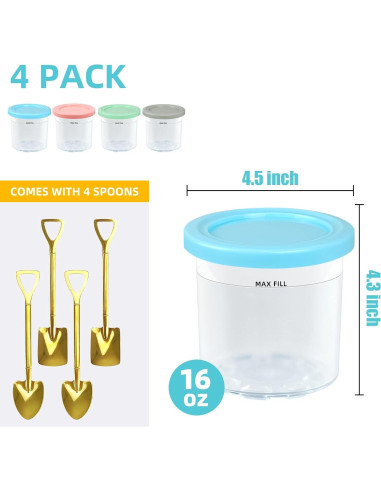 Contenedores Ninja Creami 4PCS 473ml con Tapas y Cucharas