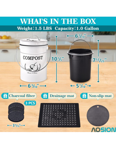 Cubo de Compostaje AOSION 3.79L Blanco Sin Olores