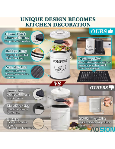 Cubo de Compostaje AOSION 3.79L Blanco Sin Olores