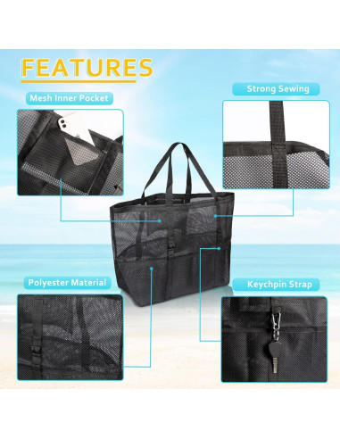 Bolsa de Playa Grande de Malla Negra para Familia 41x22x38cm