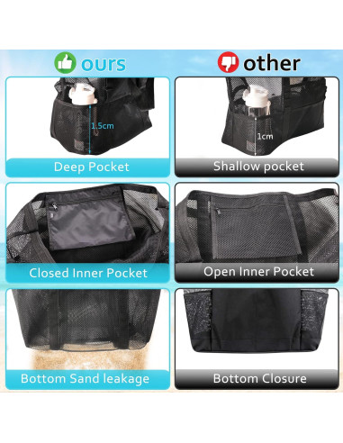 Bolsa de Playa Grande de Malla Negra para Familia 41x22x38cm