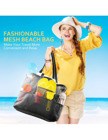 Bolsa de Playa Grande de Malla Negra para Familia 41x22x38cm