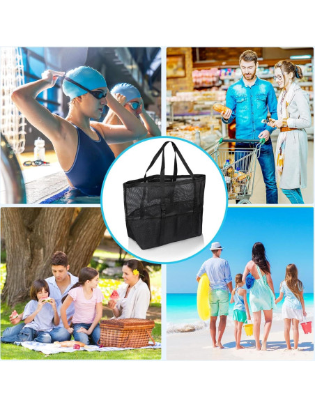 Bolsa de Playa Grande de Malla Negra para Familia 41x22x38cm