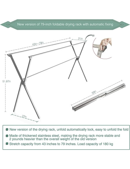 Estante Secador de Ropa AUGMIRR Acero Inoxidable 200 cm