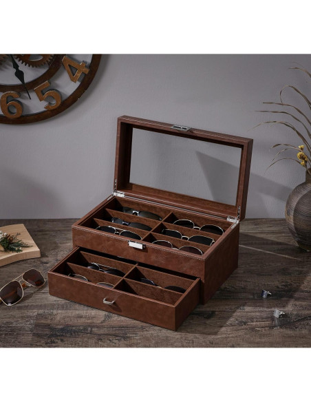 Organizador de Gafas BEWISHOME 12 Compartimentos Cuero Marrón