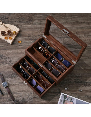 Organizador de Gafas BEWISHOME 12 Compartimentos Cuero Marrón
