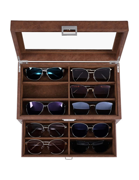 Organizador de Gafas BEWISHOME 12 Compartimentos Cuero Marrón