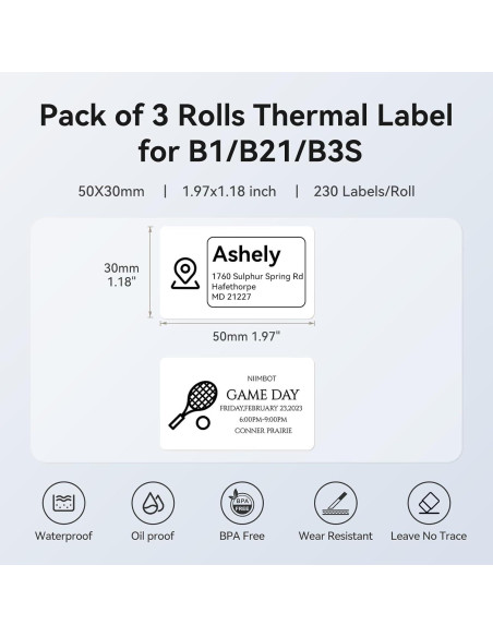 Conjunto 3 Rollos Etiquetas NIIMBOT 50x30mm Impermeables