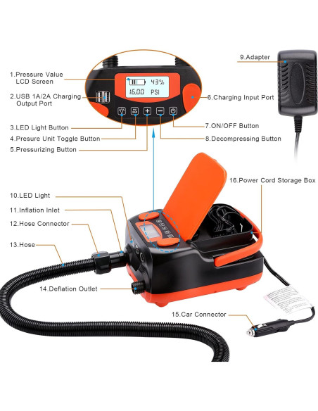 Bomba de Aire Eléctrica AGPTEK 16PSI 12V Recargable para SUP