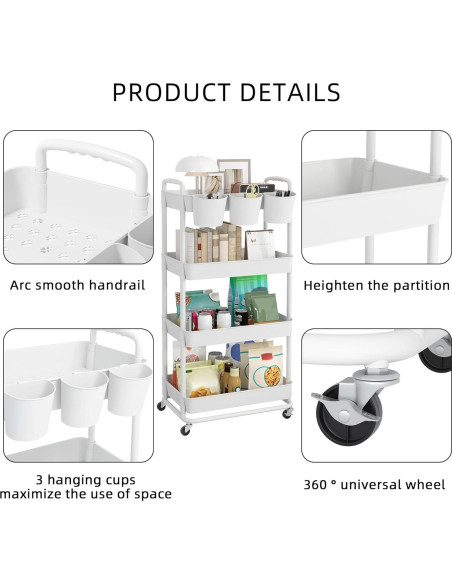 Carro de Almacenamiento Rodante JIUYOTREE 4 Niveles Blanco
