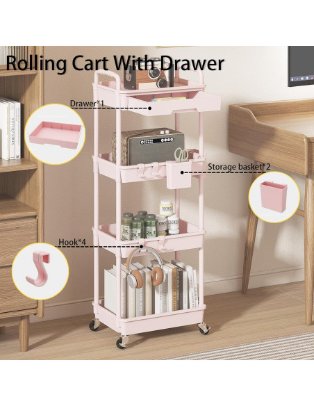 Carro Rodante de Almacenamiento LLMRR 4 Niveles Rosa