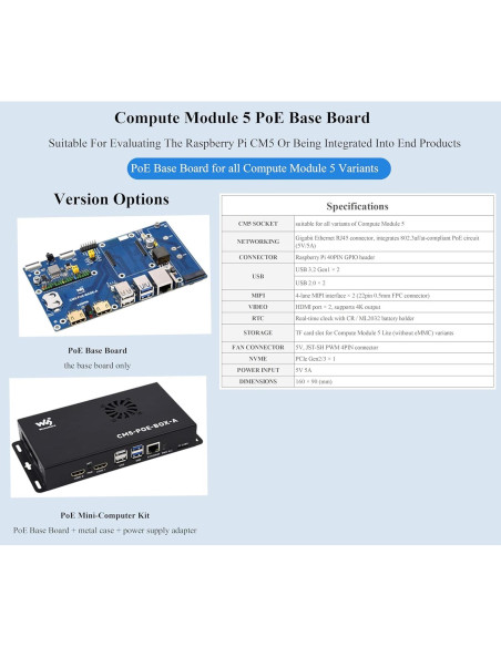 Kit Compute Module 5 Wonrabai con Placa IO y PoE, Ventilador