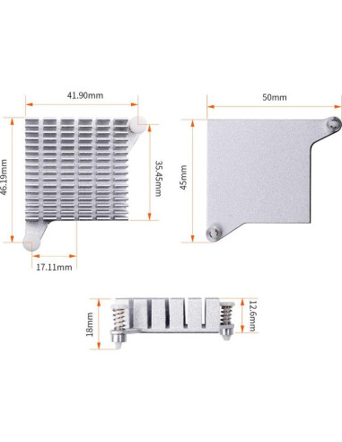 Disipador de Aluminio Orange Pi 5 Plus 50mm x 46mm x 12.6mm
