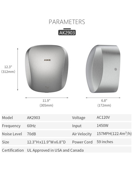 Secador de Manos AIKE AK2903 Acero Inoxidable 1400W HEPA
