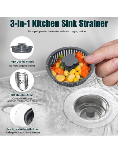 Juego de tapón y colador de fregadero MELAUDI 3 en 1 acero inoxidable