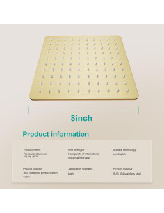 Cabezal de Ducha Cuadrado AULEEND 20.32 cm Oro Cepillado 2