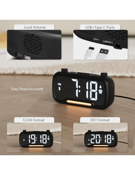 Reloj Despertador ROCAM con Radio FM y Bluetooth Negro