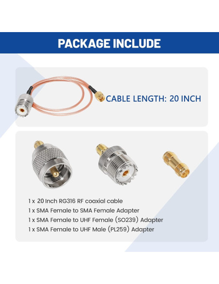 Cable Coaxial RG316 Anina 50.8 cm con 3 Adaptadores SMA-UHF