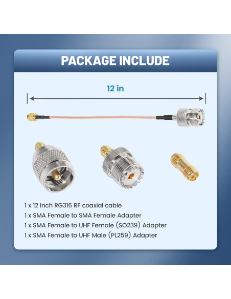 Cable Coaxial RF RG316 Anina 30.48 cm con 3 Adaptadores SMA-UHF