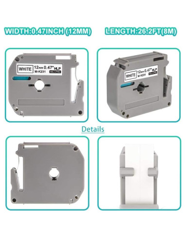 4 Cintas de Reemplazo Brother P Touch M-K231 12mm Negro sobre Blanco