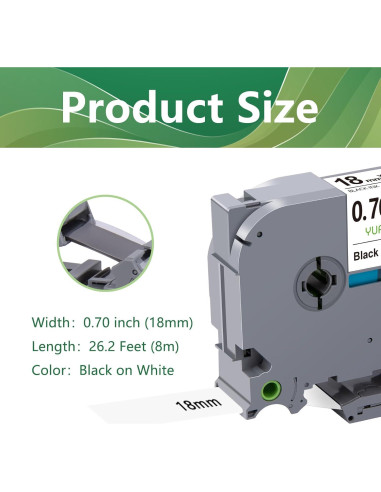 Cinta Laminada 18mm YUANQIMM TZe-241 Negra sobre Blanca 8-Pack
